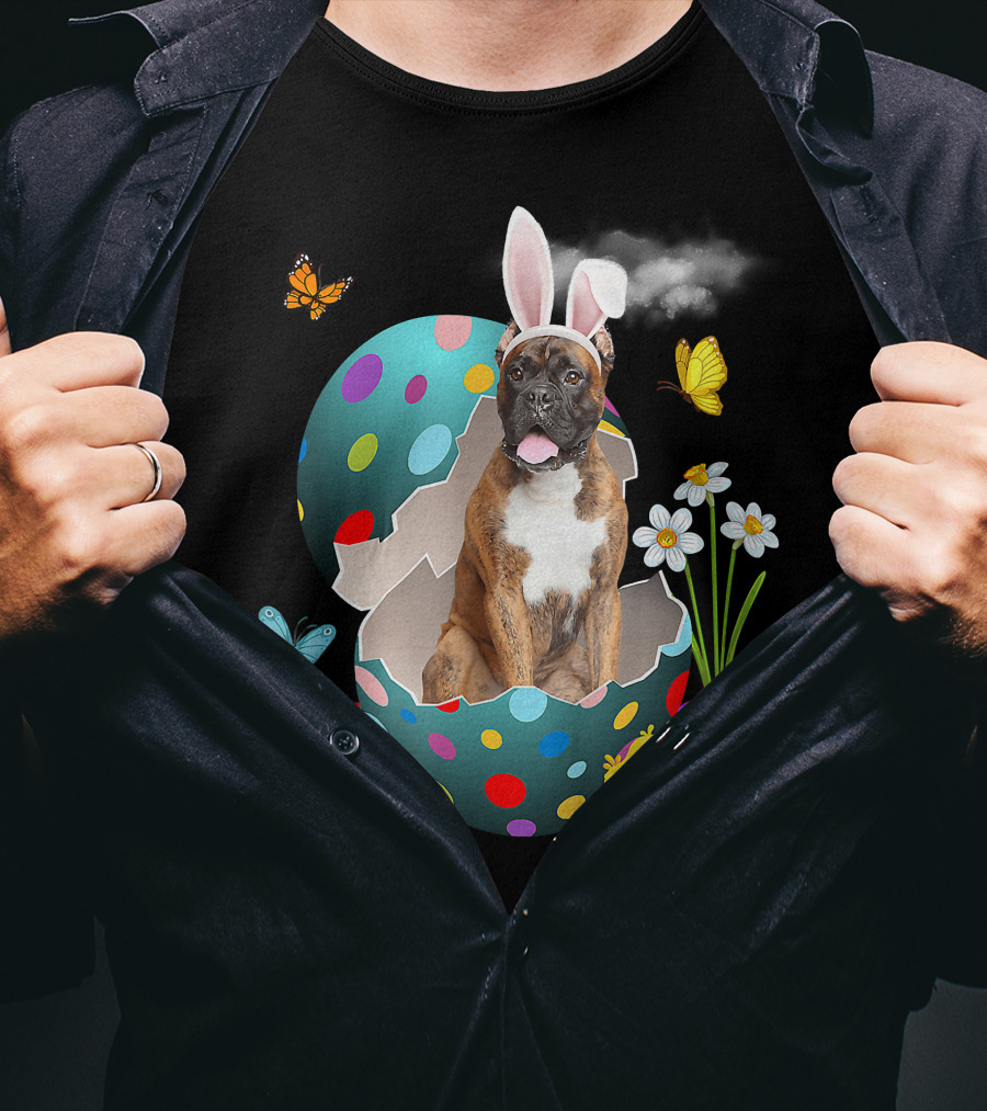 Bunny Boxer Dog With Easter Eggs Chicks Butterflies And Flowers T-Shirt