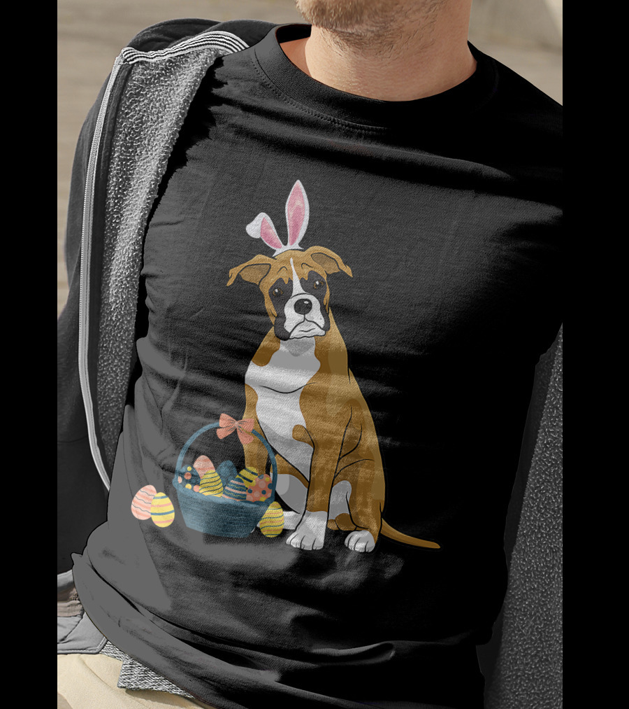 Bunny Ears Boxer Dog Cute Doge Rabbit With Easter Eggs Basket T-Shirt