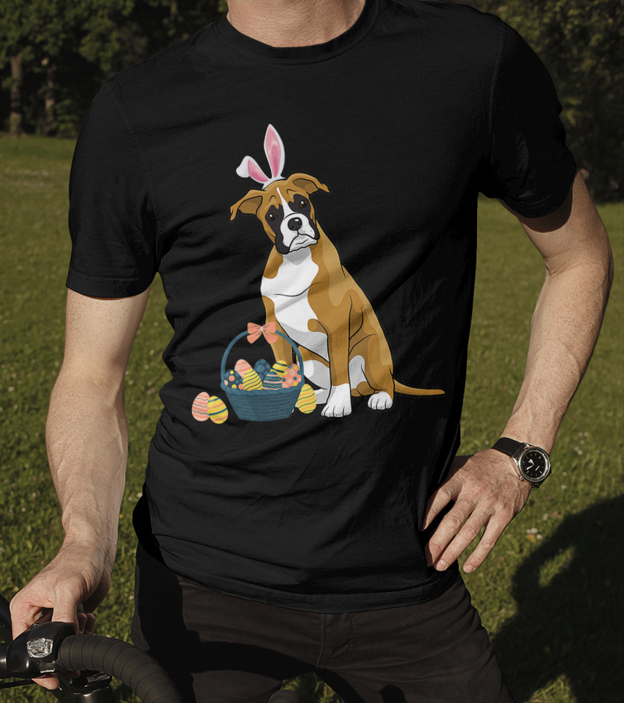 Bunny Ears Boxer Dog Cute Doge Rabbit With Easter Eggs Basket T-Shirt