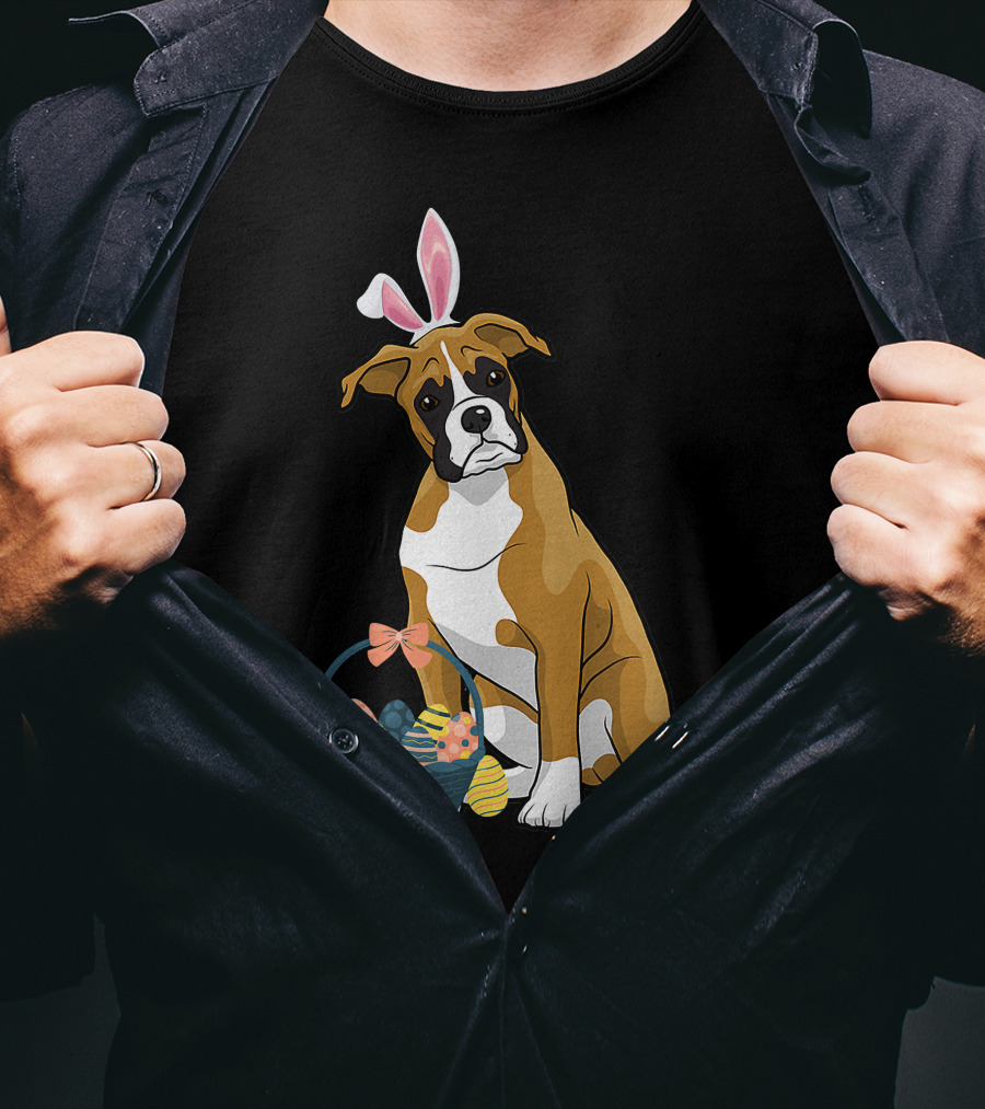 Bunny Ears Boxer Dog Cute Doge Rabbit With Easter Eggs Basket T-Shirt