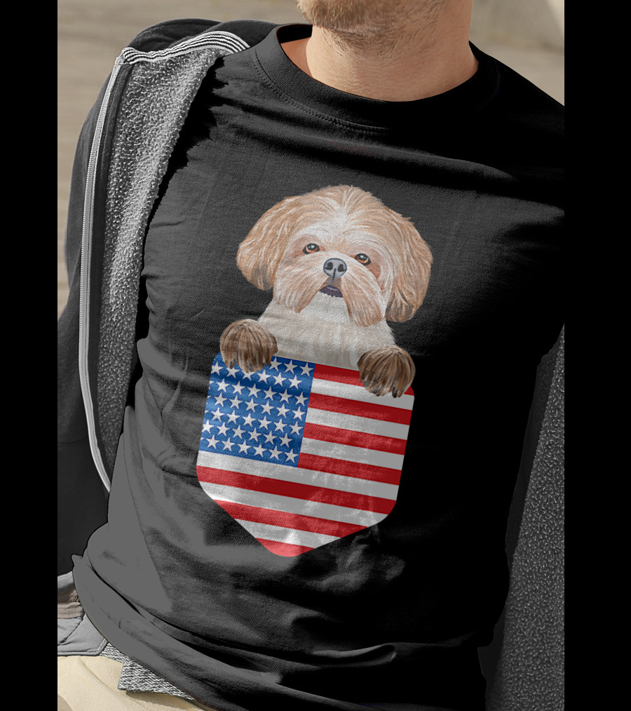 Shih Tzu Dog In American Flag Pocket T-Shirt