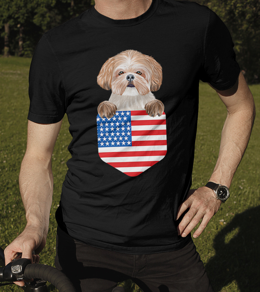 Shih Tzu Dog In American Flag Pocket T-Shirt