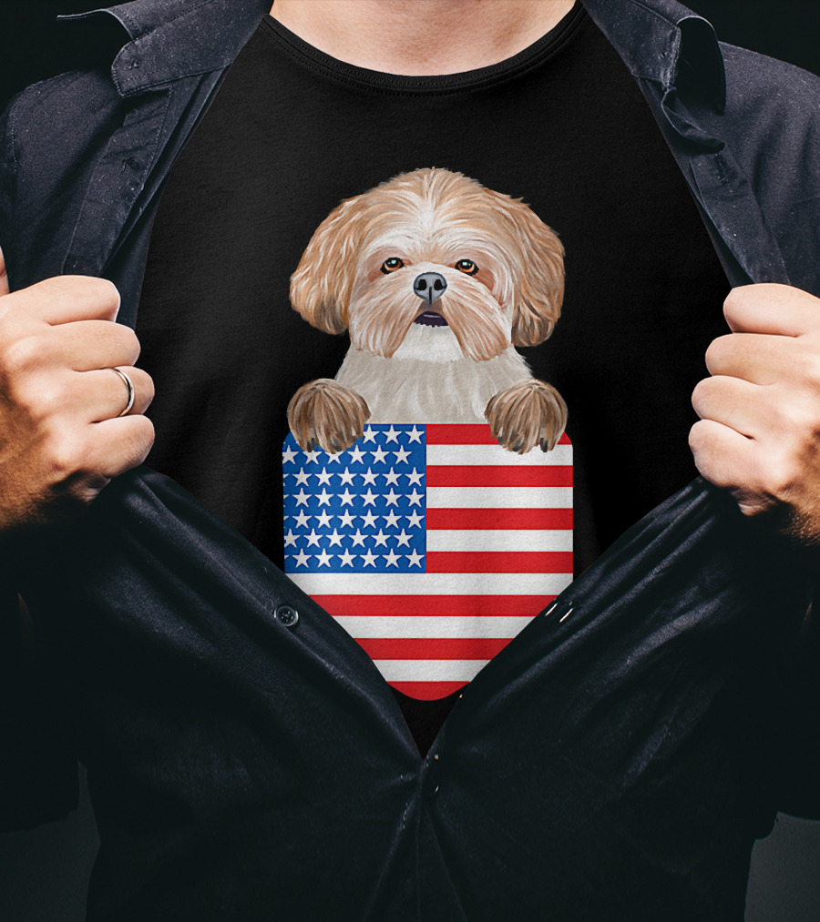 Shih Tzu Dog In American Flag Pocket T-Shirt
