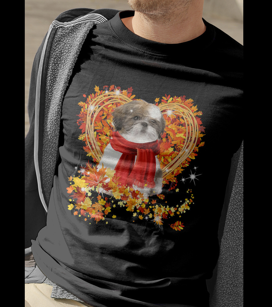 Baby Shih Tzu Love Autumn Fall Season With Heart Leaves T-Shirt