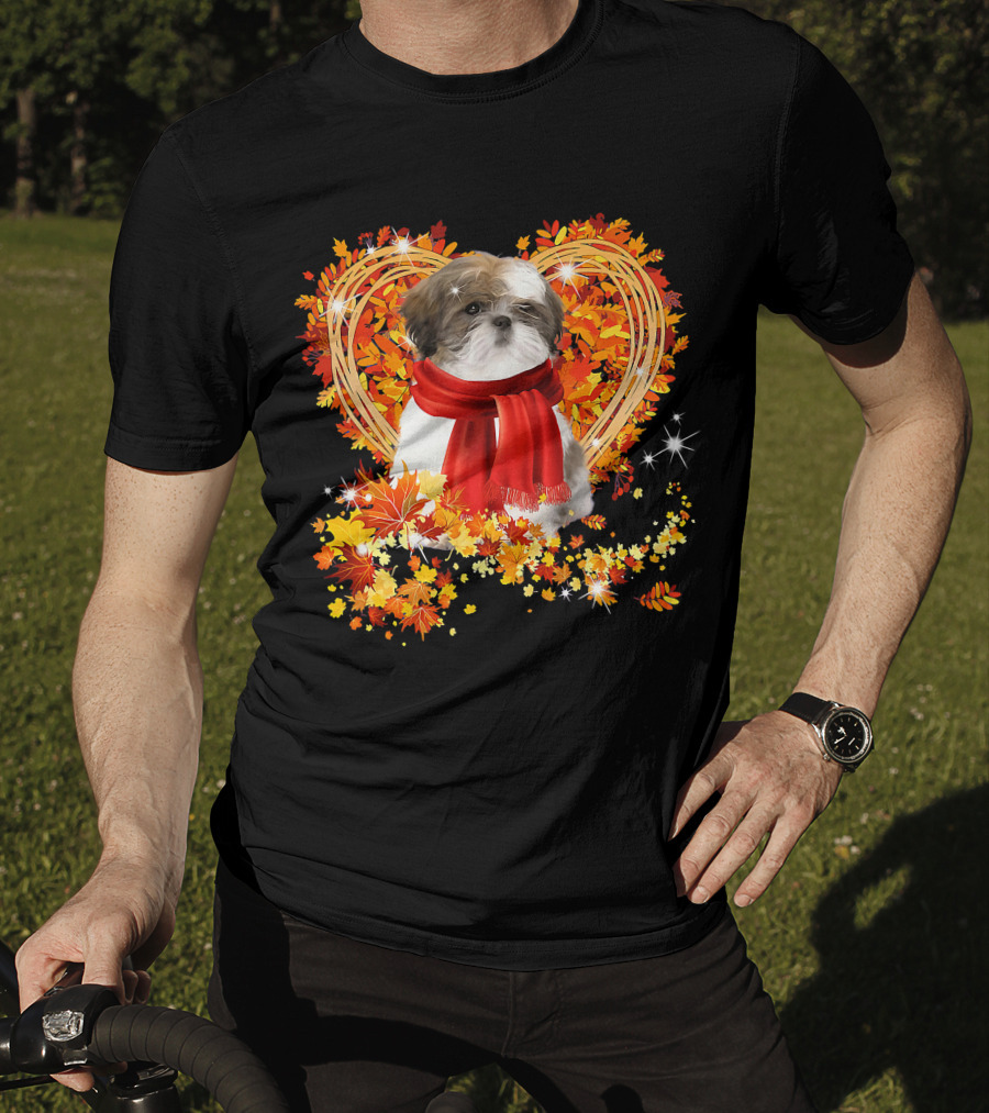 Baby Shih Tzu Love Autumn Fall Season With Heart Leaves T-Shirt