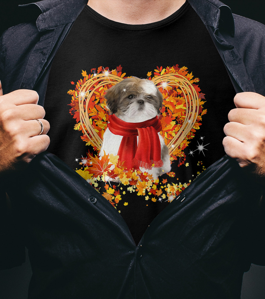 Baby Shih Tzu Love Autumn Fall Season With Heart Leaves T-Shirt