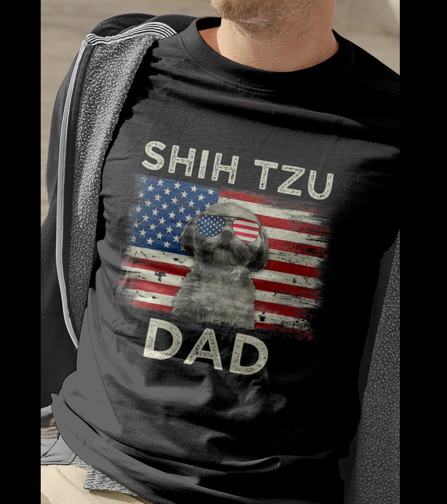 Shih Tzu Dad Ever American Flag Father's Day T-Shirt