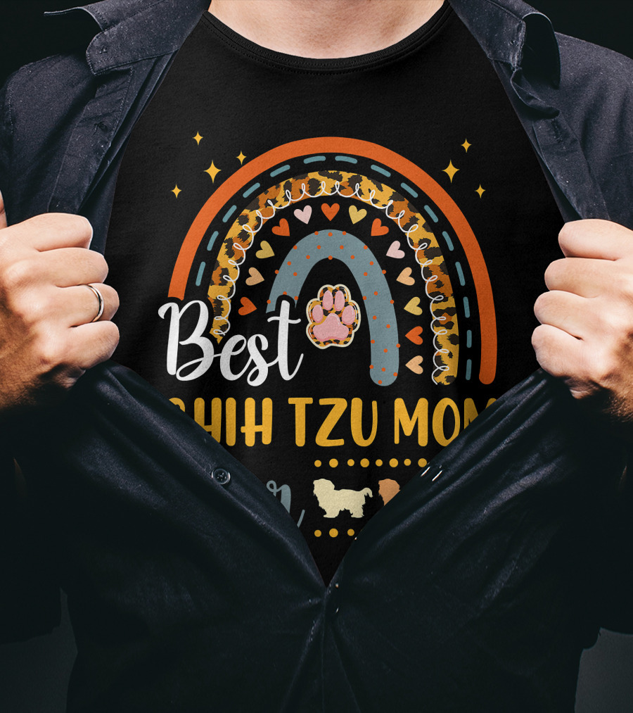 Shih Tzu Mom Ever Paw Print Rainbow Hearts T-Shirt