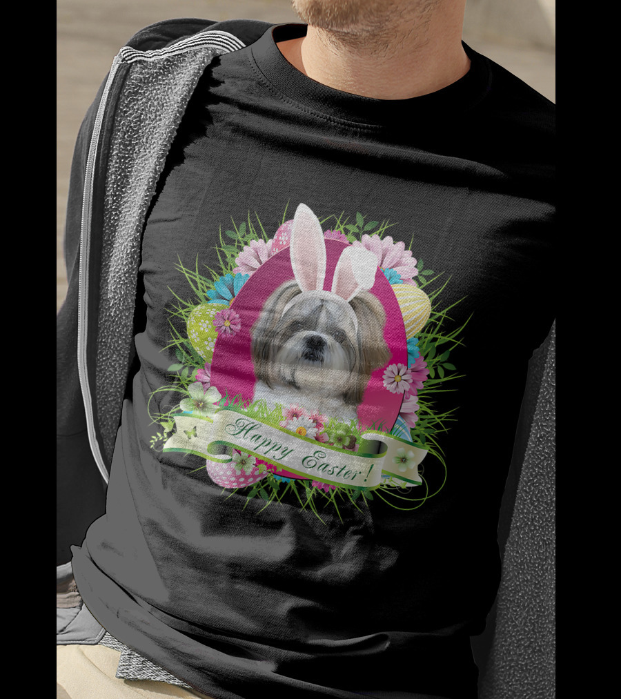 Happy Easter Bunny Shih Tzu Dog With Flowers And Eggs T-Shirt