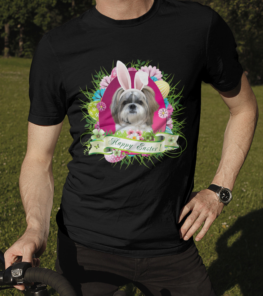 Happy Easter Bunny Shih Tzu Dog With Flowers And Eggs T-Shirt