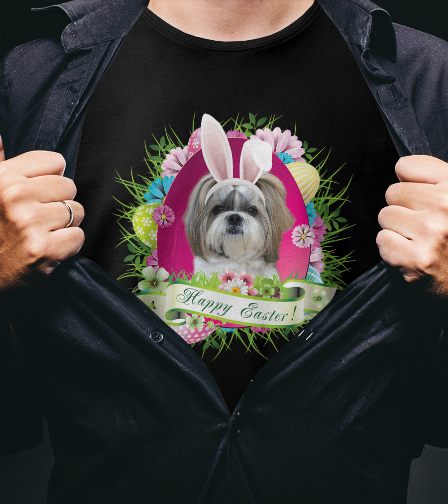 Happy Easter Bunny Shih Tzu Dog With Flowers And Eggs T-Shirt