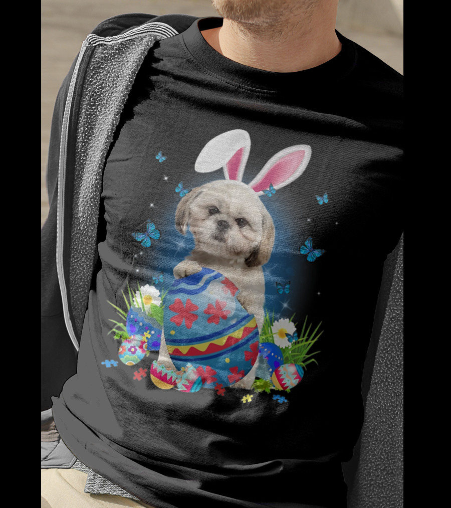 Easter Bunny Shih Tzu With Egg Basket And Flowers T-Shirt