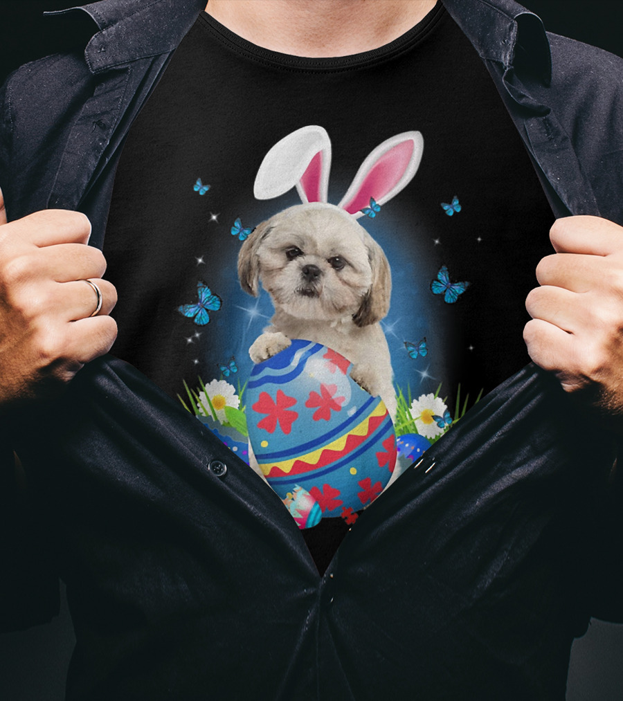 Easter Bunny Shih Tzu With Egg Basket And Flowers T-Shirt