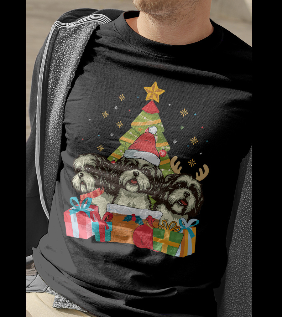 Christmas Shih Tzu Dogs With Santa Hat And Antlers By Xmas Tree T-Shirt