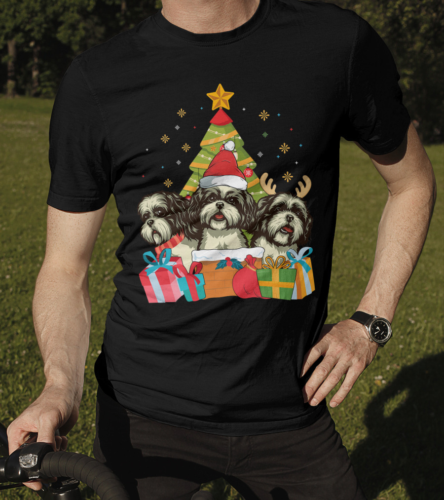 Christmas Shih Tzu Dogs With Santa Hat And Antlers By Xmas Tree T-Shirt