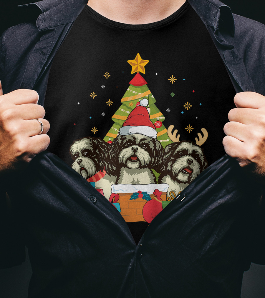 Christmas Shih Tzu Dogs With Santa Hat And Antlers By Xmas Tree T-Shirt