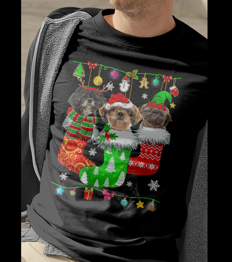 Christmas Shih Tzu Dogs In Festive Holiday Socks Pajama Lover T-Shirt