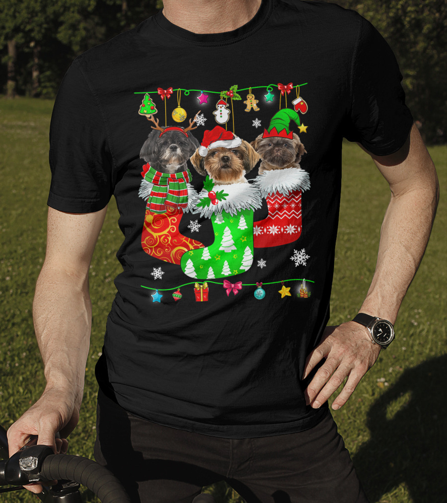 Christmas Shih Tzu Dogs In Festive Holiday Socks Pajama Lover T-Shirt