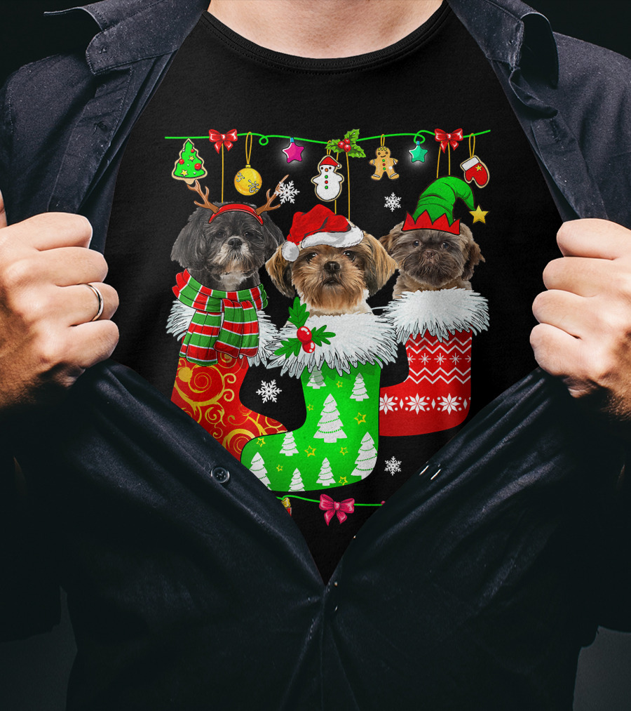 Christmas Shih Tzu Dogs In Festive Holiday Socks Pajama Lover T-Shirt