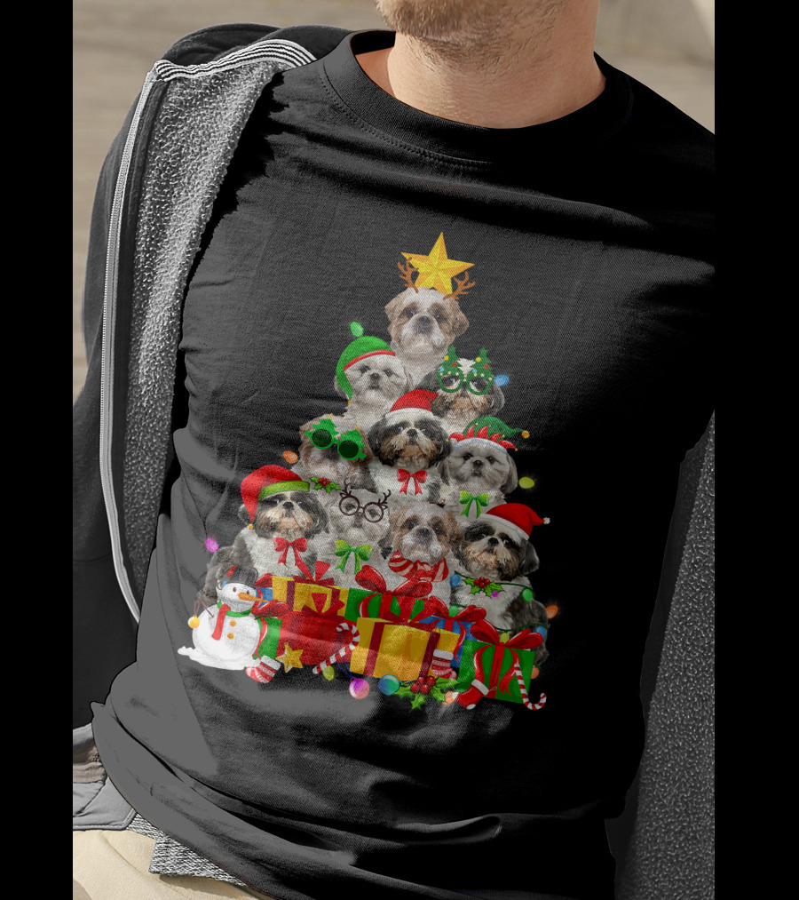 Christmas Tree Puppy Love Shih Tzu Dog Xmas Lights T-Shirt