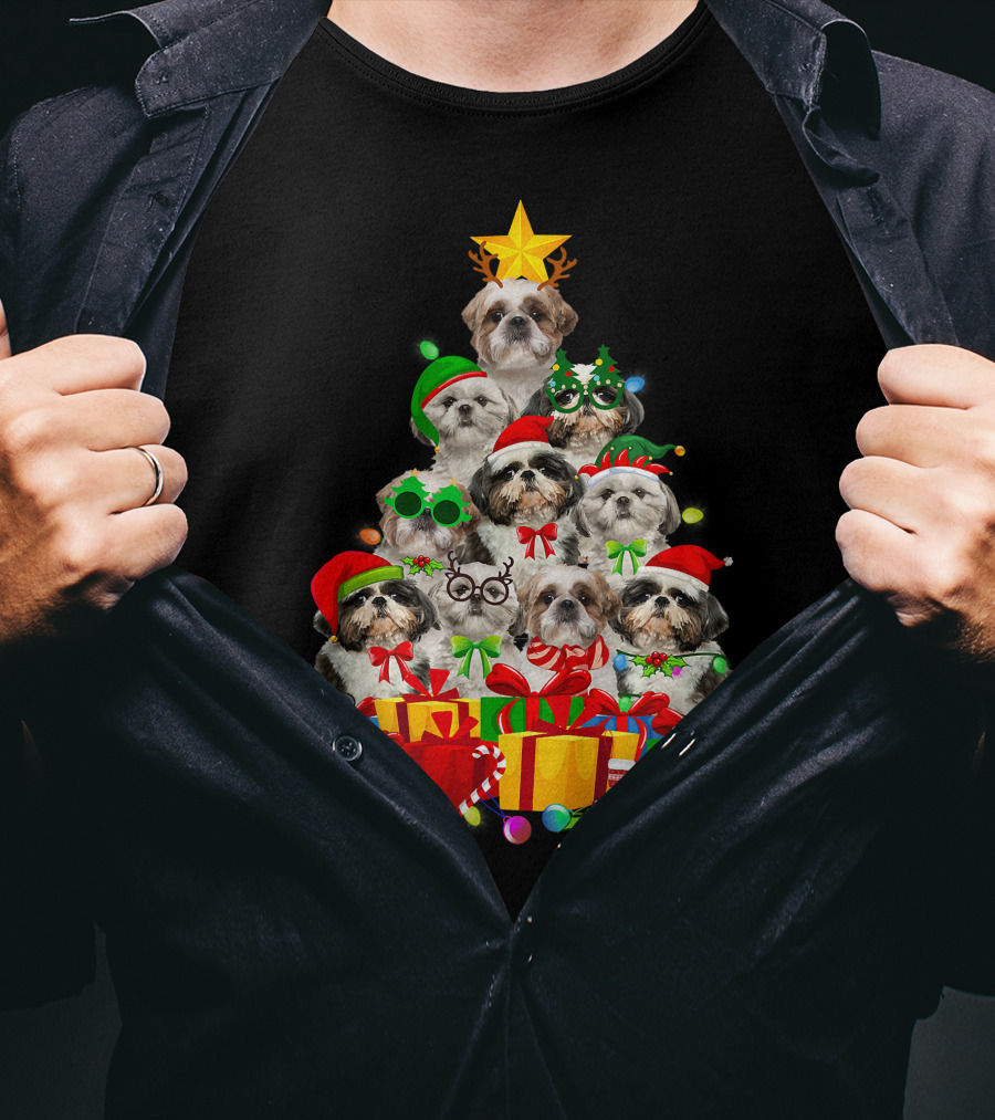 Christmas Tree Puppy Love Shih Tzu Dog Xmas Lights T-Shirt