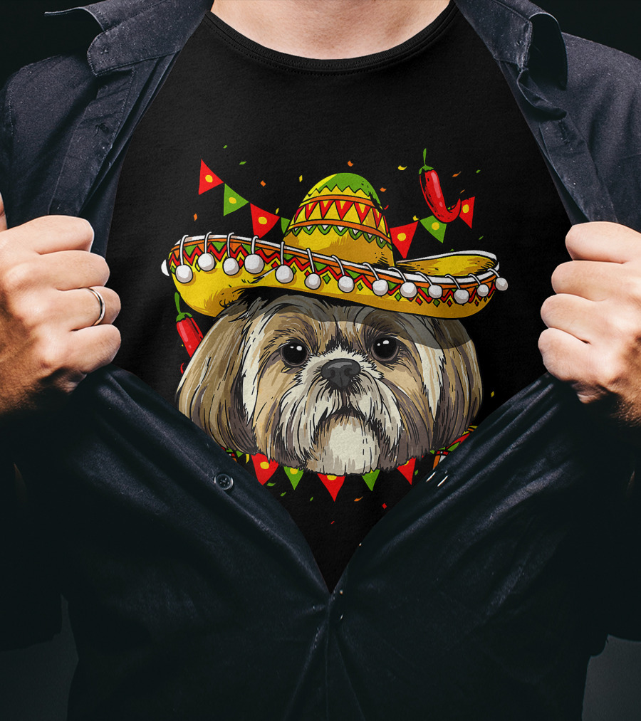 Cinco De Mayo Shih Tzu Sombrero Men Women Kids Festive Dog Maracas Fiesta T-Shirt