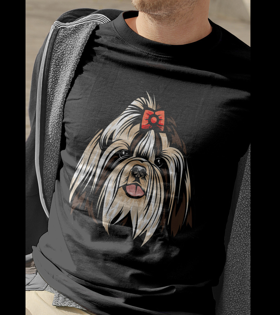 Cool Shih Tzu Face Red Bow Detailed T-Shirt