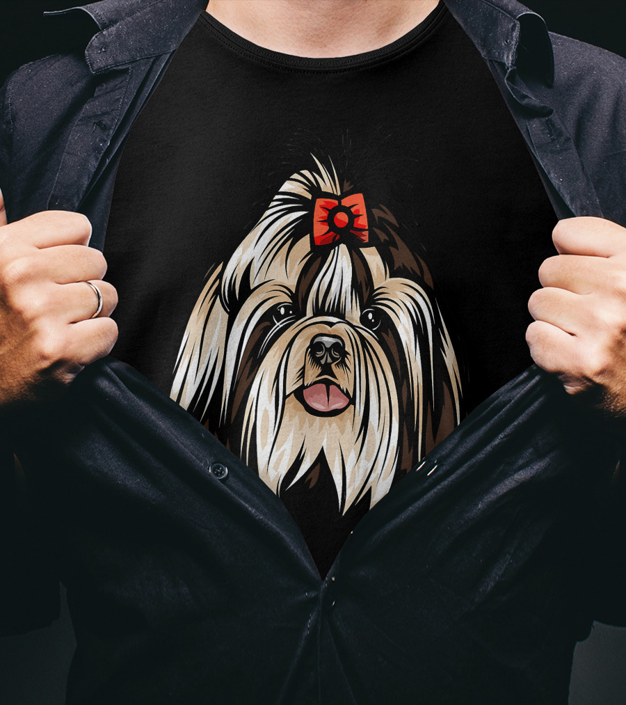 Cool Shih Tzu Face Red Bow Detailed T-Shirt