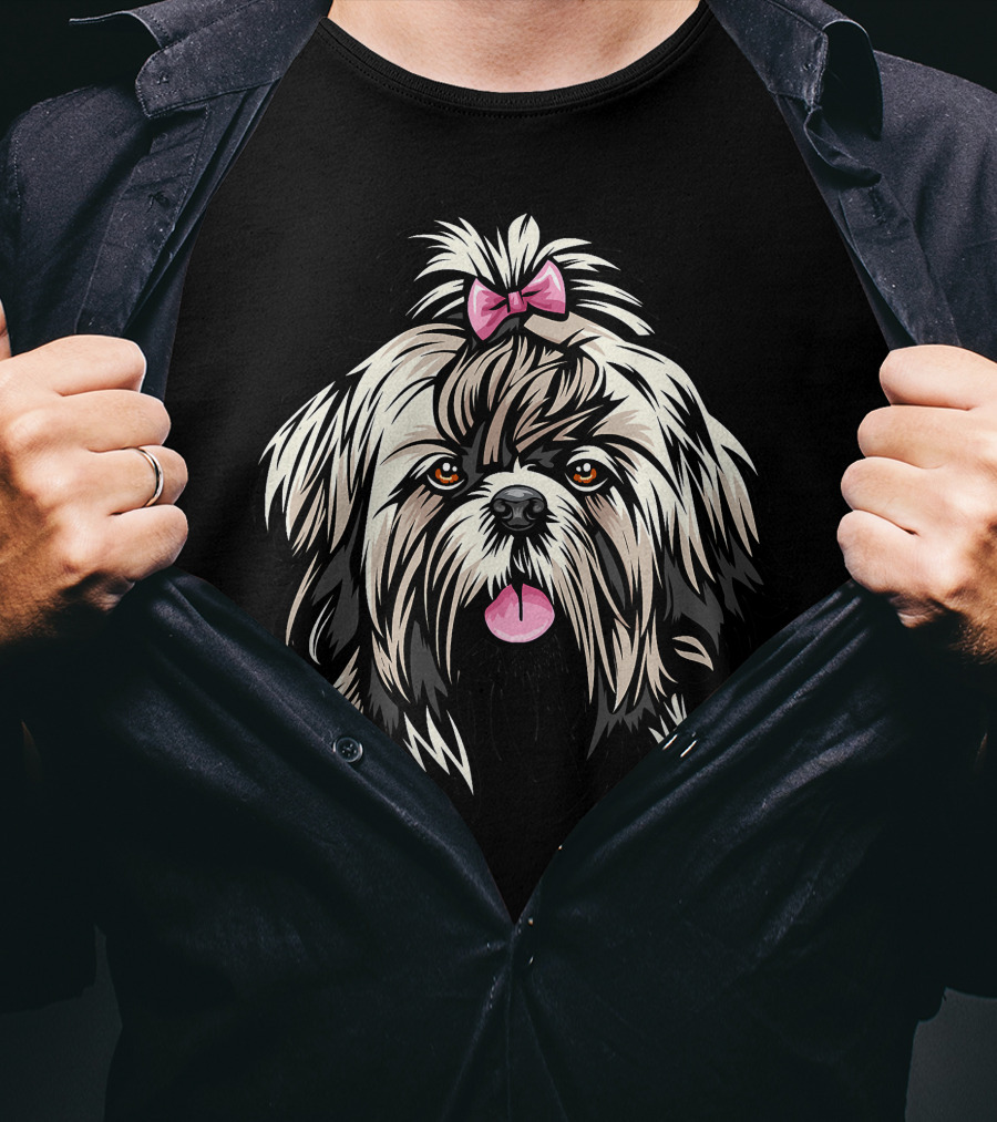 Cool Shih Tzu Face Pink Bow Cartoon T-Shirt