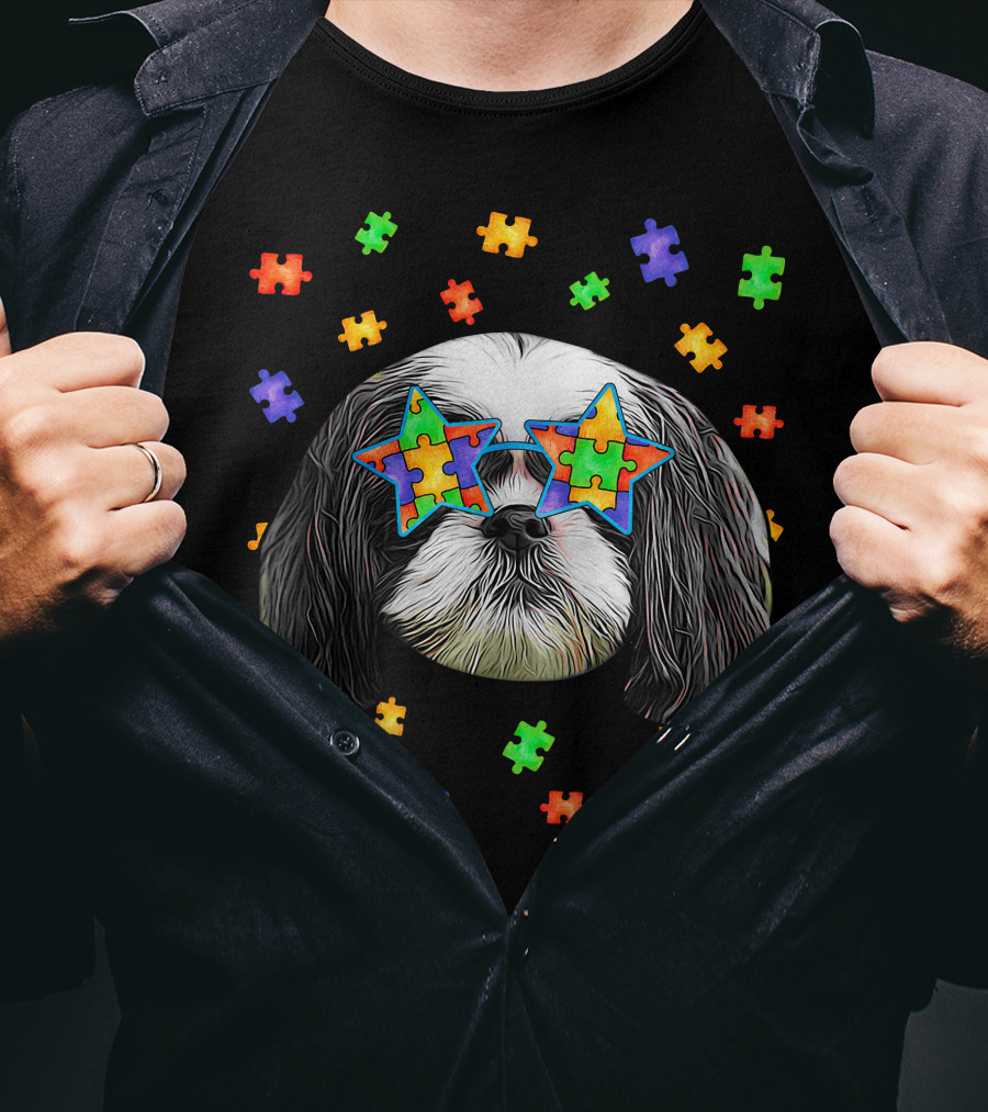 Autism Shih Tzu Dog Wearing Star Puzzle Piece Sunglasses With Colorful Pet Puzzle Surrounding T-Shirt