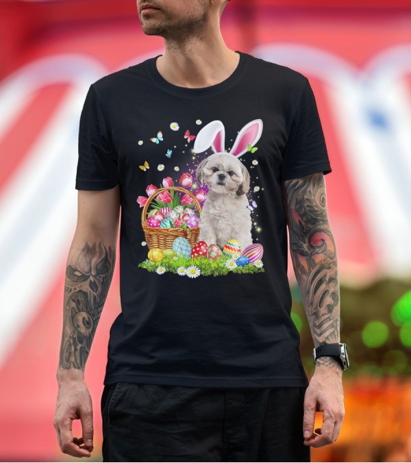 Premium T-Shirt: Shih Tzu Bunny Ears with Easter Eggs and Flower Basket T-Shirt Shih Tzu Bunny Ears with Easter Eggs and Flower Basket T-Shirt