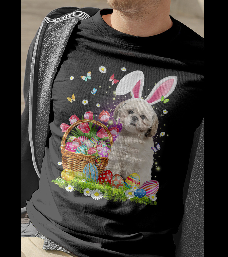 Shih Tzu Bunny Ears With Easter Eggs And Flower Basket T-Shirt