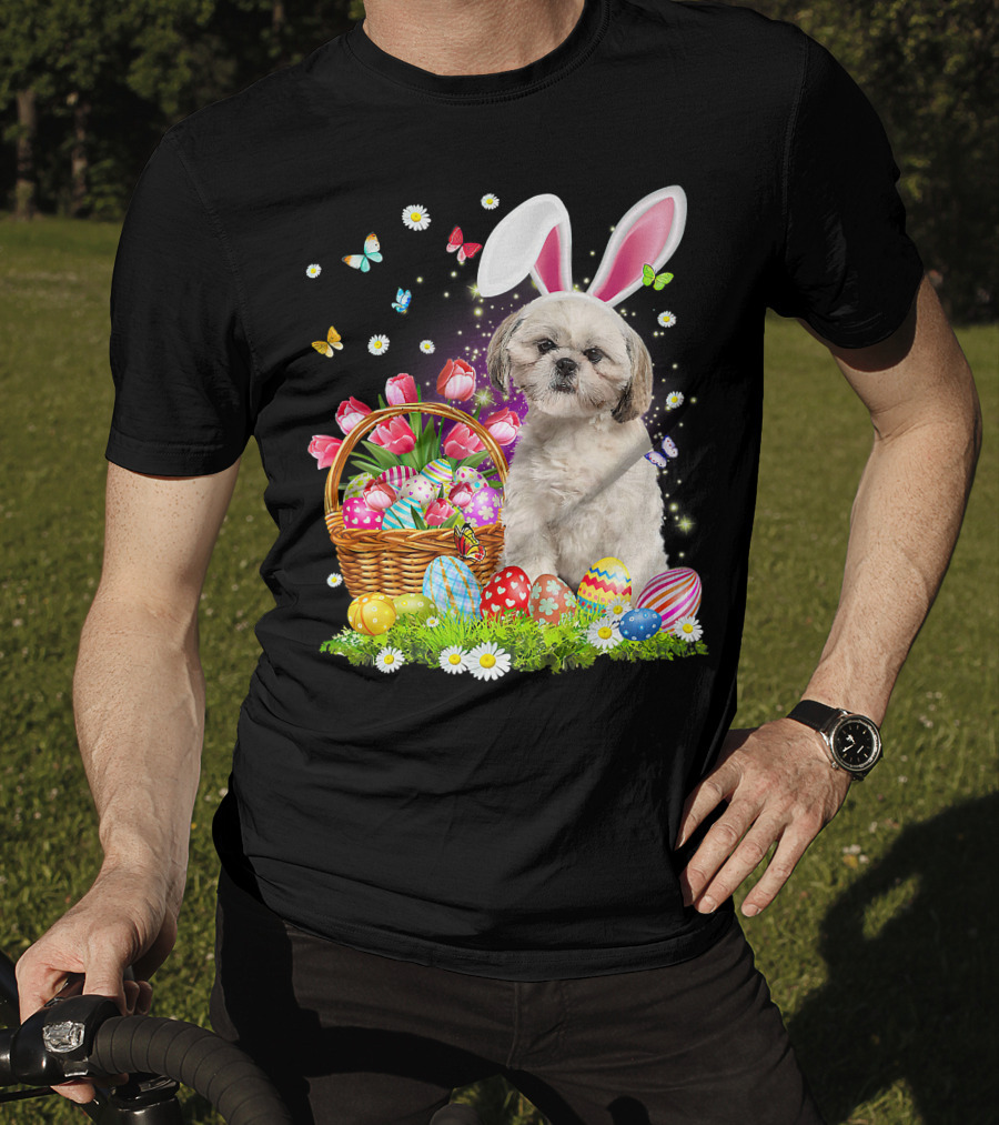 Shih Tzu Bunny Ears With Easter Eggs And Flower Basket T-Shirt