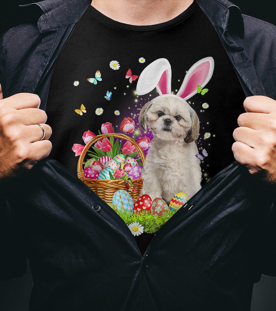 Shih Tzu Bunny Ears With Easter Eggs And Flower Basket T-Shirt