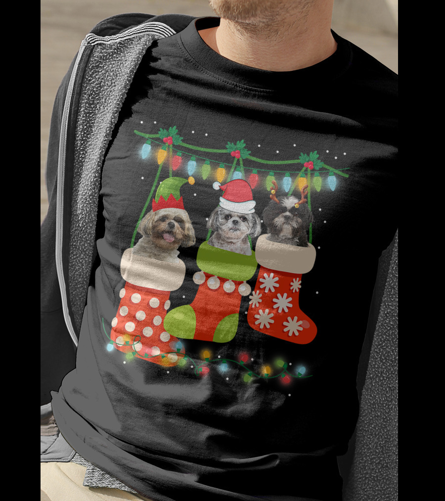 Cute Christmas Shih Tzu In Sock With Santa Hat Reindeer Antlers And Elf Hat T-Shirt