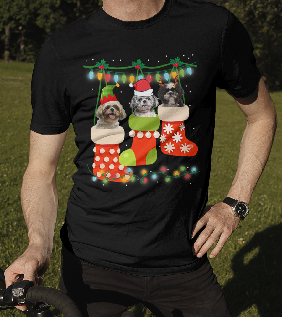 Cute Christmas Shih Tzu In Sock With Santa Hat Reindeer Antlers And Elf Hat T-Shirt