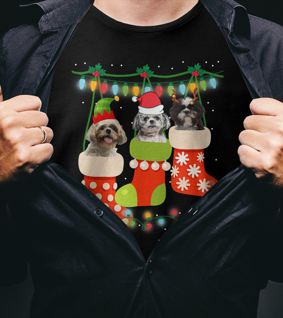 Cute Christmas Shih Tzu In Sock With Santa Hat Reindeer Antlers And Elf Hat T-Shirt