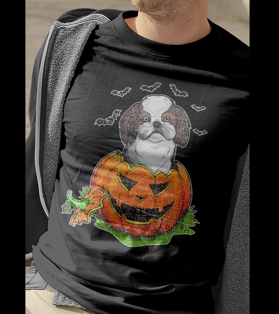 Cute Shih Tzu In Halloween Pumpkin With Bats T-Shirt