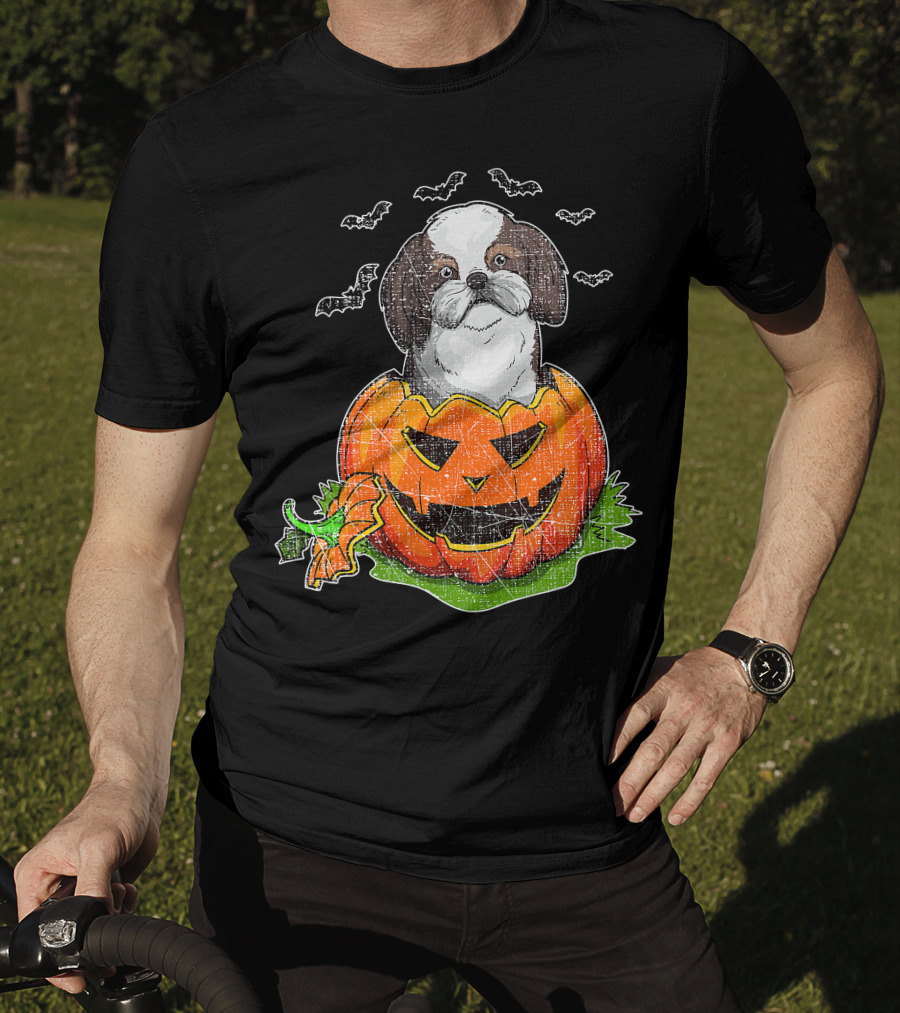 Cute Shih Tzu In Halloween Pumpkin With Bats T-Shirt