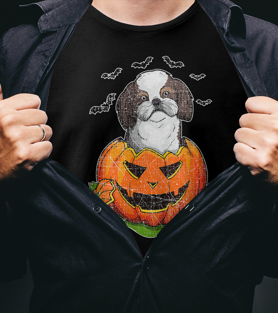 Cute Shih Tzu In Halloween Pumpkin With Bats T-Shirt