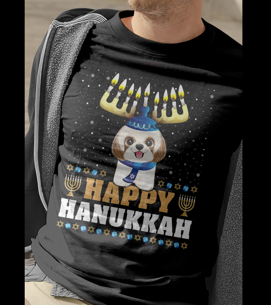 Cute Menorah Chanukah Funny Shih Tzu Happy Hanukkah T-Shirt