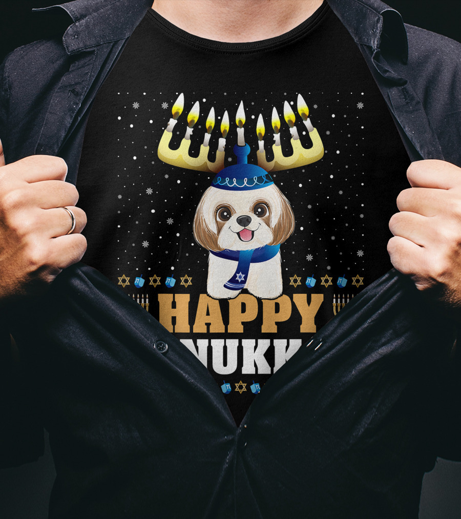 Cute Menorah Chanukah Funny Shih Tzu Happy Hanukkah T-Shirt