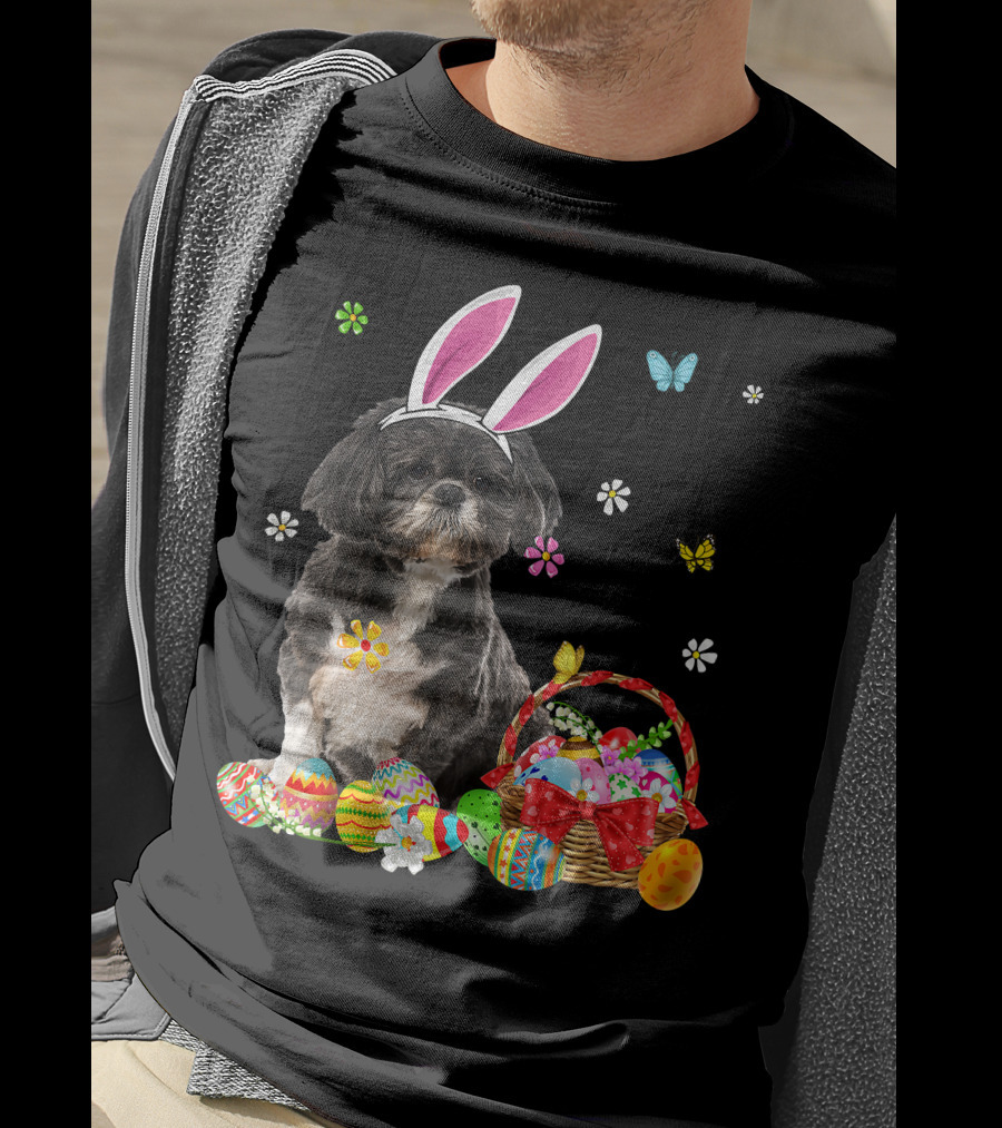 Shih Tzu Happy Easter Dog Lover Bunny Ears And Easter Egg Basket T-Shirt