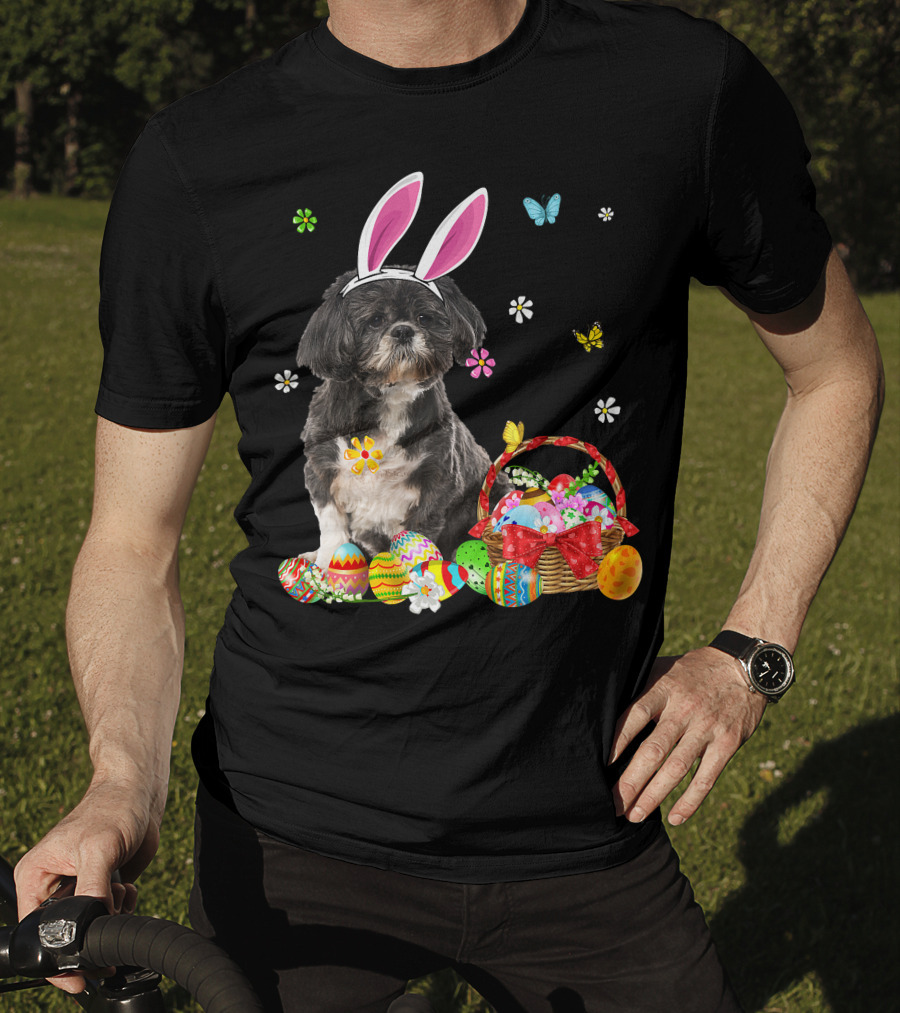 Shih Tzu Happy Easter Dog Lover Bunny Ears And Easter Egg Basket T-Shirt
