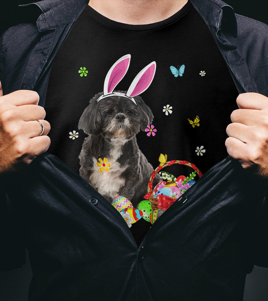 Shih Tzu Happy Easter Dog Lover Bunny Ears And Easter Egg Basket T-Shirt