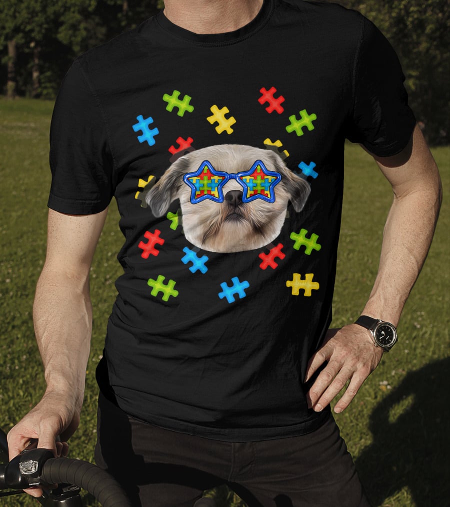 Shih Tzu Puppies Autism Puzzle Star Sunglasses T-Shirt
