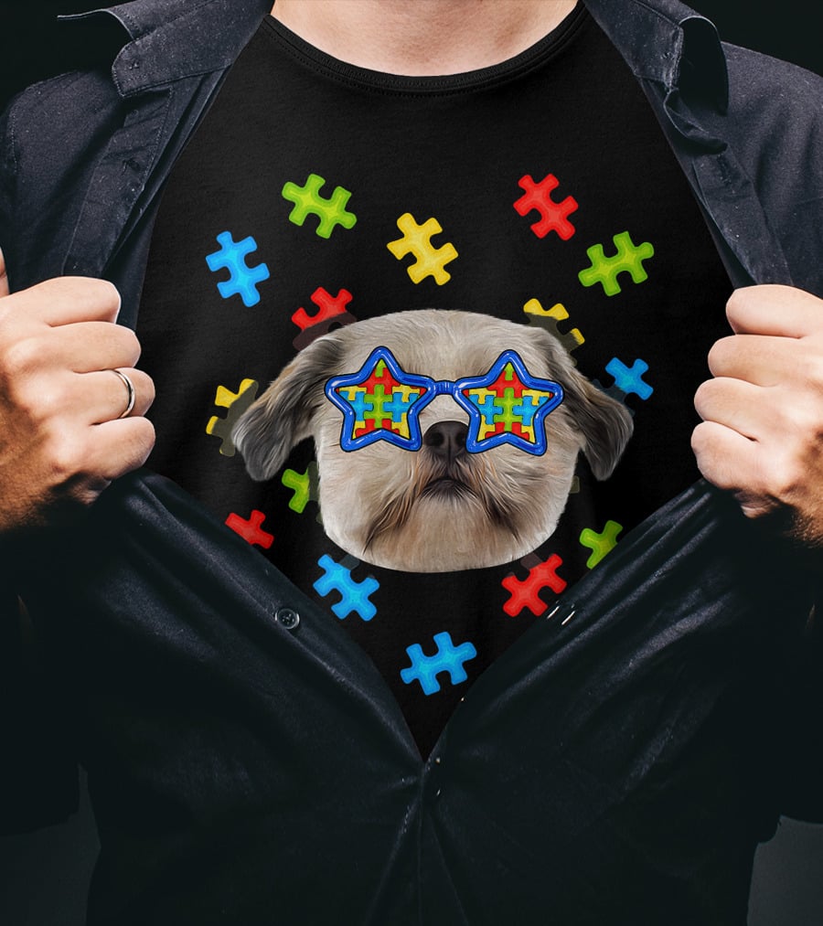 Shih Tzu Puppies Autism Puzzle Star Sunglasses T-Shirt