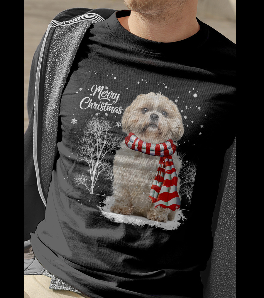 Shih Tzu Christmas Puppy Dog Lover Family Mat With Festive Scarf Snowflakes And Winter Trees T-Shirt