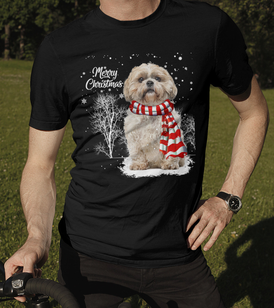 Shih Tzu Christmas Puppy Dog Lover Family Mat With Festive Scarf Snowflakes And Winter Trees T-Shirt