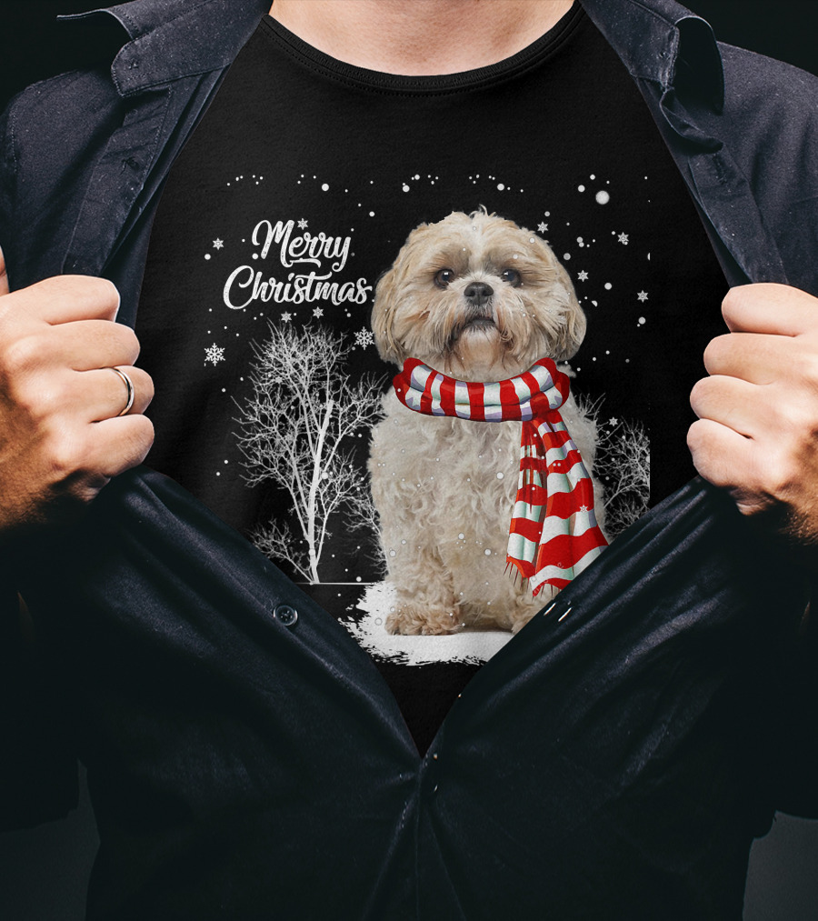 Shih Tzu Christmas Puppy Dog Lover Family Mat With Festive Scarf Snowflakes And Winter Trees T-Shirt
